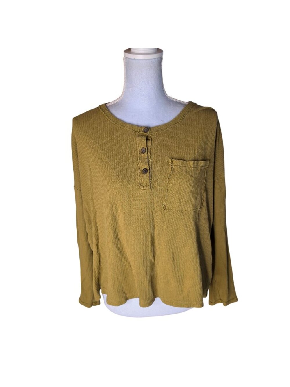 Madewell Waffle Knit Henley Top Olive Green Long Sleeve Pocket Thermal Boxy Sz M